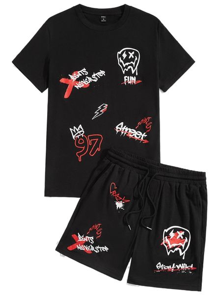 

men letter & cartoon face print tee & shorts w623#, Gray