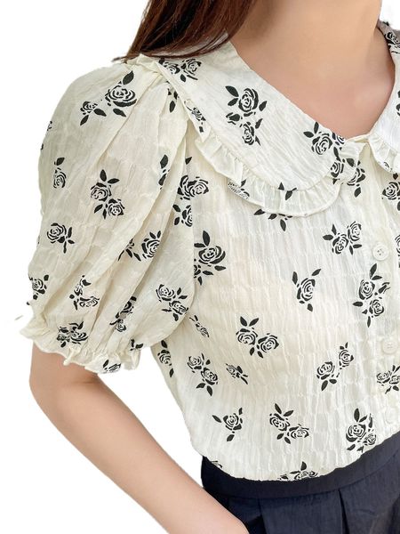 

dazy floral print statement collar puff sleeve blouse r7tr#, White