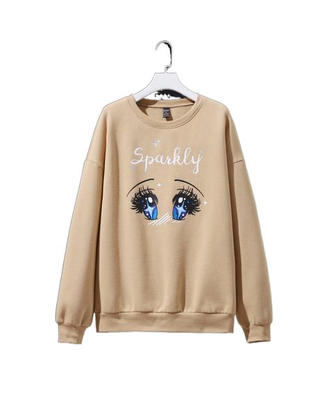 

x cetriya drop shoulder letter & figure print pullover g0o9#, Black