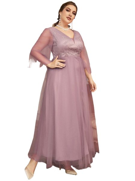

plus plant embroidery mesh split thigh prom dress e7b6#, Black
