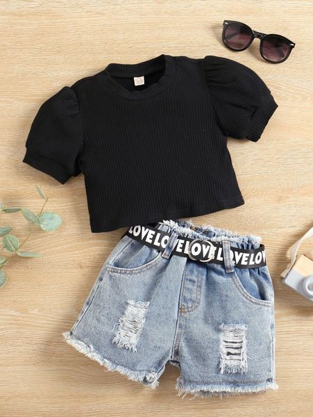 

toddler girls puff sleeve tee & ripped frayed belted denim shorts she, White