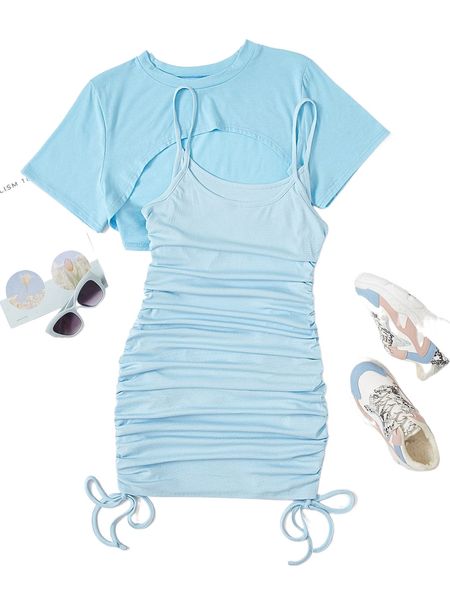 

plus high low hem & drawstring bodycon dress a5ho#, Black