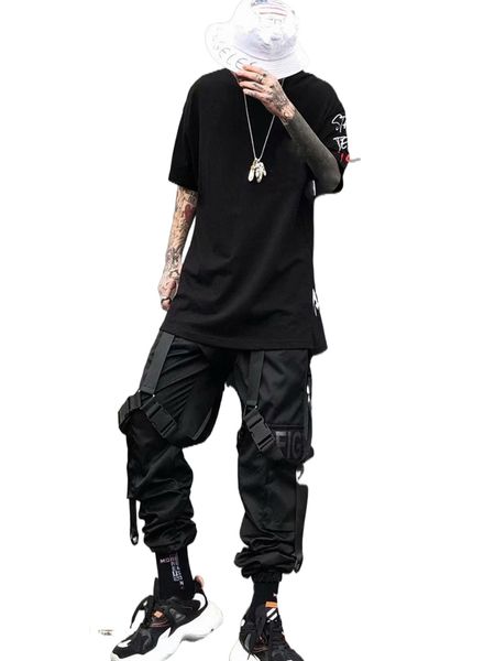 

men letter graphic buckle ribbon cargo pants s91b#, Black