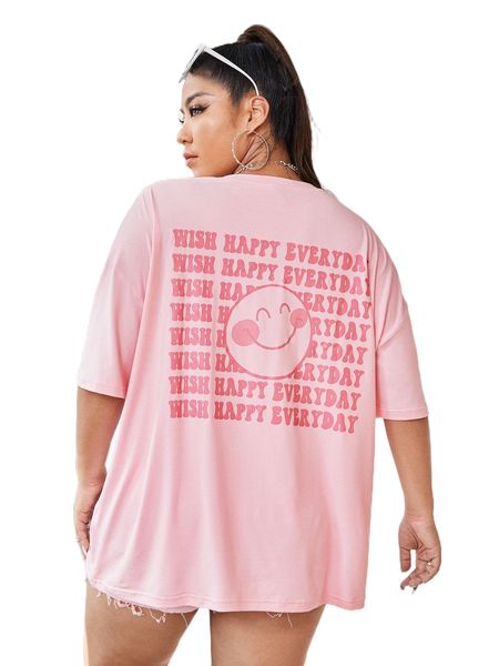 

plus slogan & cartoon face print drop shoulder tee l2c2#, Black