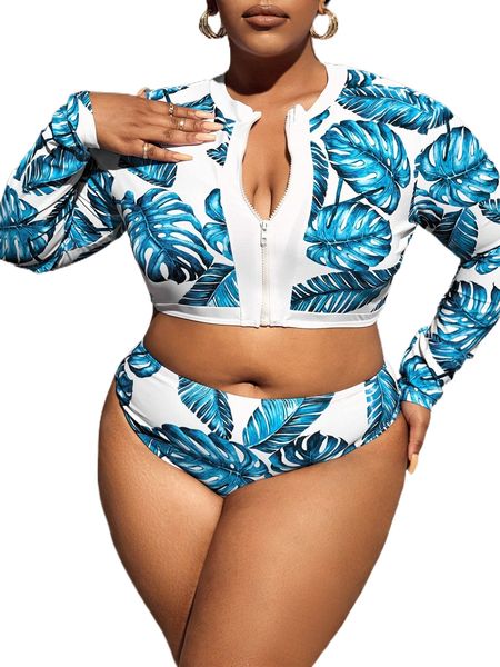 

plus tropical print zip front bikini swimsuit u0lx#, White;black