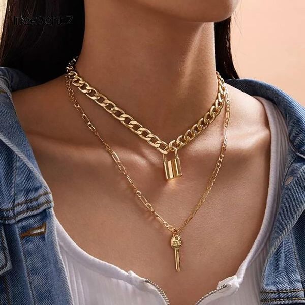 Chains Ingesight.z 2pcs/Set Vintage Multi -Layer Choker Colecle Fashion Gold Color Lock Ключ подвесной ожерелья для женщин ювелирные изделия