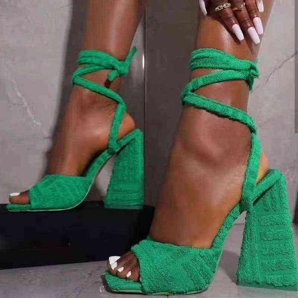 

green ankle strap sandals for women summer 2022 super high heels square toe sandals woman brand design towel gladiator shoes 43 y220409, Black