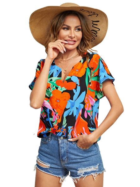 

notched neck floral print b2mo#, White