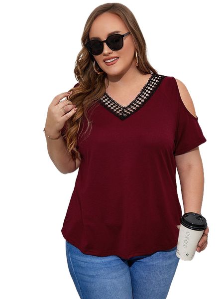 

plus guipure lace insert cold shoulder tee i8po#, Black