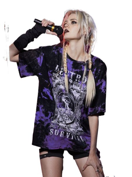 

romwe x jrart punk rock tie dye skeleton print tee k0it#, White