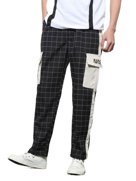 

men letter & grid print flap pocket side drawstring pants g0fr#, Black