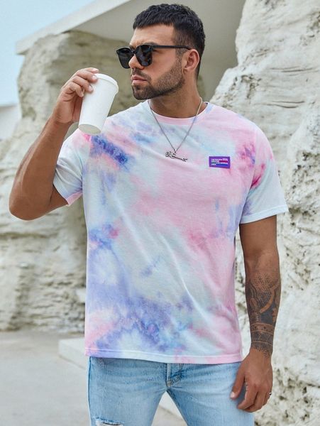 

extended sizes men random tie dye letter patch detail tee m8sq#, White;black