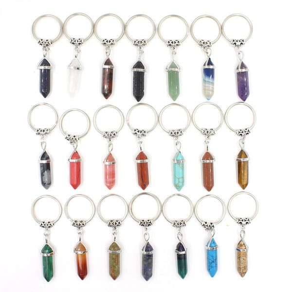 

natural stone hexagonal prism key rings keychains healing pink crystal car decor key chain keyholder for women men jewelry, Slivery;golden
