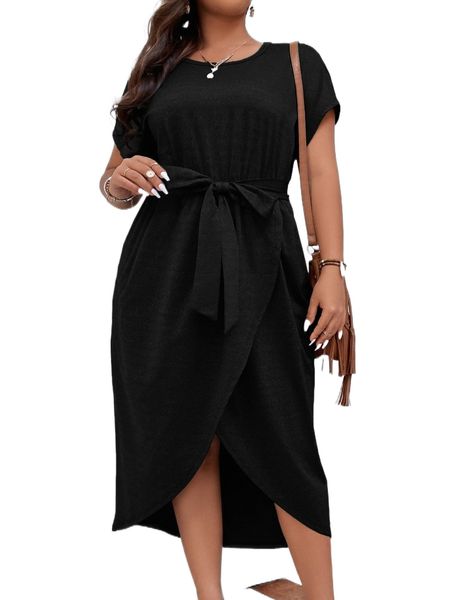 

plus tulip hem belted dress r4tm#, Black