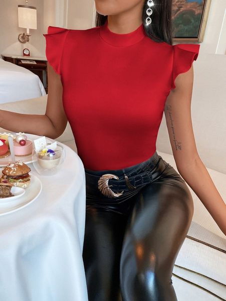 

mock neck ruffle trim tee q8et#, White