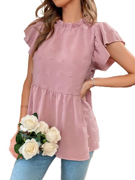 

swiss dot frilled neck flutter sleeve peplum hem blouse 321q#, White