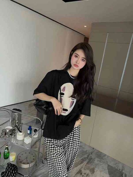 

women's t-shirt yang mi's same chihiro briquette embroidered t-shirt casual cartoon faceless man short sleeved couple s654, White