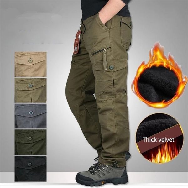 

winter thick fleece casual pants men cotton military tactical baggy cargo double layer warm thermal straight long trousers 220330, Black