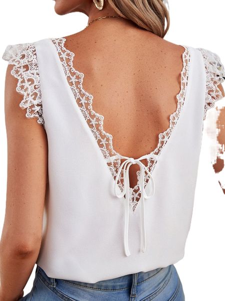 

contrast floral embroidery mesh tie backless blouse e3ib#, White