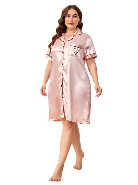 

plus heart embroidery button front satin sleepshirt a9vl#, Black;white