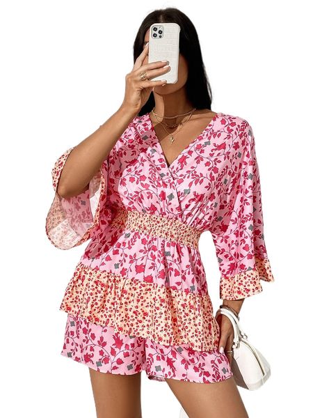 

floral print shirred tie back two layer hem romper i7yd#, Black;white