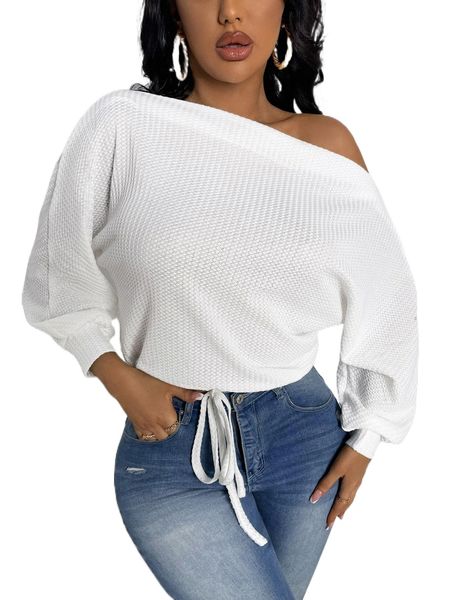 

waffle knit asymmetrical neck drawstring hem tee r9hb#, White