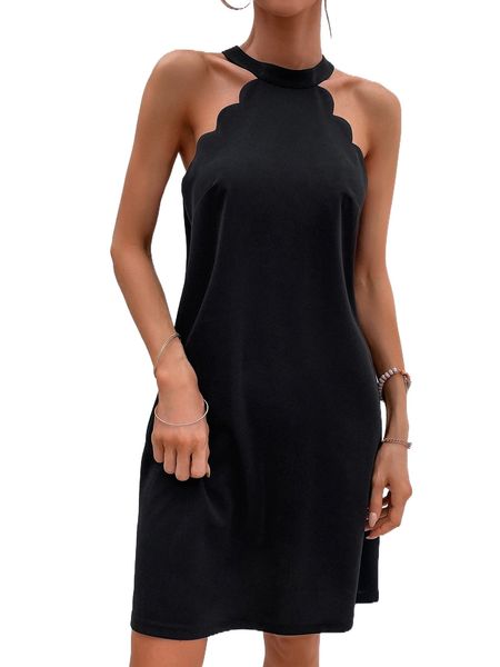 

keyhole back scallop trim halter dress f8ig#, Black;gray