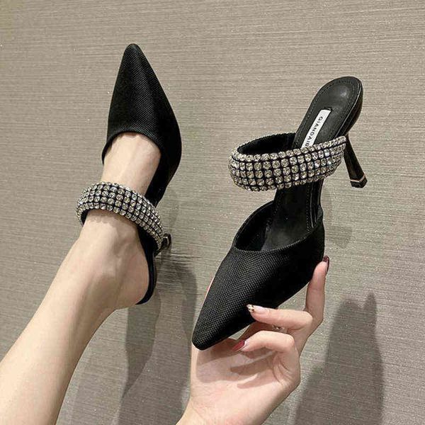 

slippers women shoes luxury crystal heels summer mules elegant high heel sandal female ladies pointed pumps 220530, Black