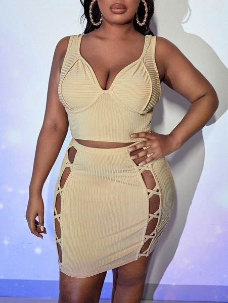 

sxy plus bustier tank & crisscross cut out bodycon skirt v2uo#, Black