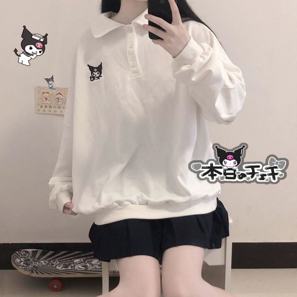 

houzhou white kawaii polo collar sweatshirt women sweet preppy style long sleeve hoodie harajuku oversized cartoon pullovers 220815, Black