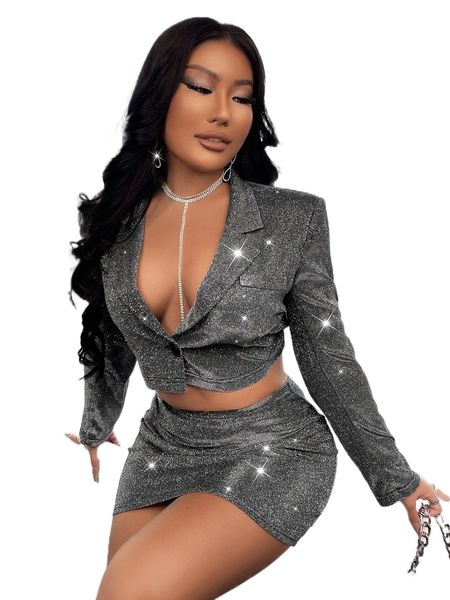 

single button crop glitter blazer w1s8#, White