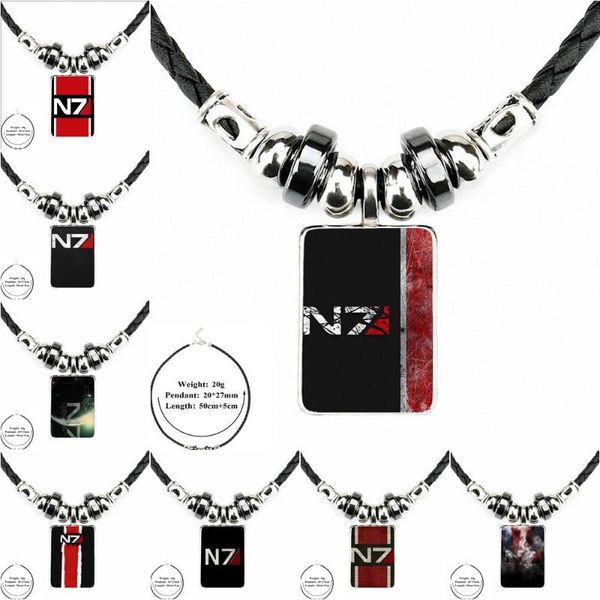Подвесные ожерелья глазурь Mass Effect n7 Черный кожаный бусин винтажный стеклянный колье Женщины ювелирные изделия для девочек -подарка