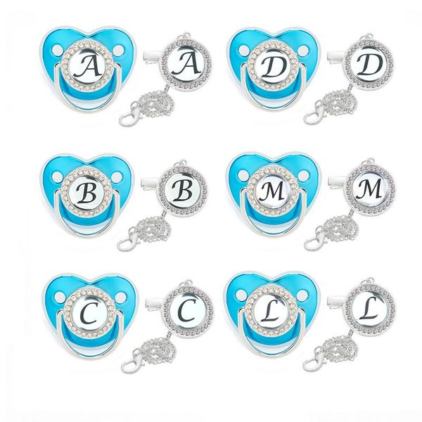 Schnuller# Name Initialen Schnuller für Babys Personalisierter Schnullerclip Luxuriöser blauer A-Z-Buchstabe Nippel Junge Mädchen Bling Babyartikel mit AbdeckungP