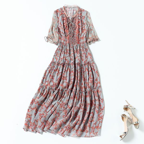 

casual dresses summer pink mulberry silk medium length high waist printed skirt with thin temperament dress b2hj, Black;gray