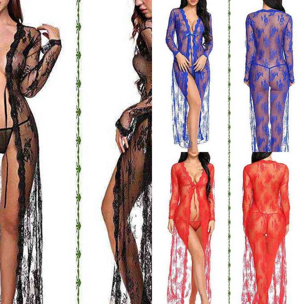 

nxy set lingerie gauze perspective long sleeve lace nightdress mesh dress sheer night fishnet 1125, Red;black