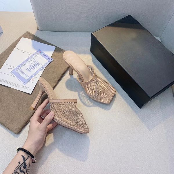 

luxury designer mesh shoes women square high heels sandal slipper sandals genuine gold sole ladies toe stretch chain summer fashion quality, Black