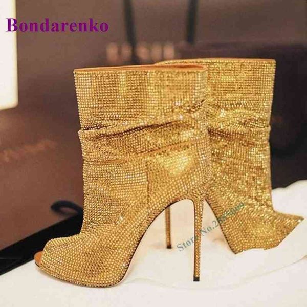 

studded peep toe ankle boots bling gold solid thin high heel slip on pleated women autume spring party dress boots shoes 220514, Black