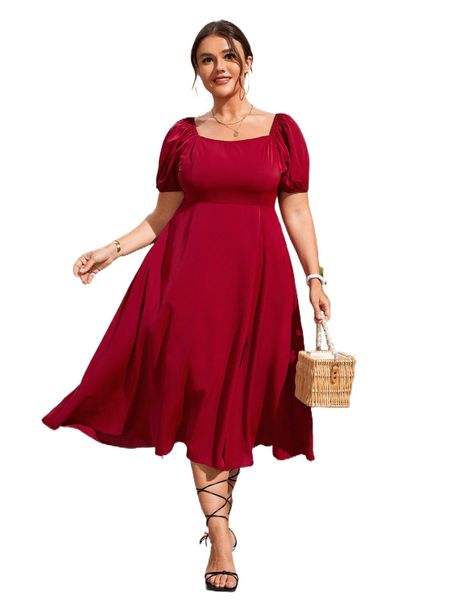 

plus solid zip back split puff sleeve dress 89z3#, Black