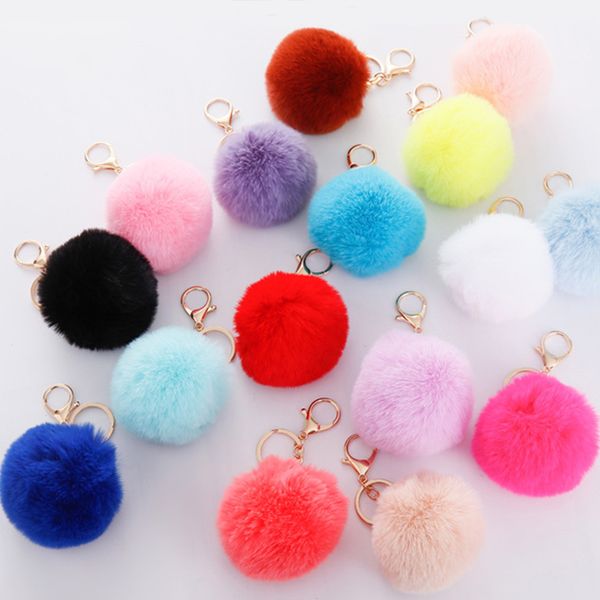 

8cm pompom keychain rings bag charms car keyring holder gold key chains pompons fake faux rabbit fur diy pom poms balls fashion women bag pe, Slivery;golden