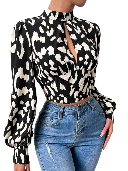 

allover print mock neck blouse u9rj#, White