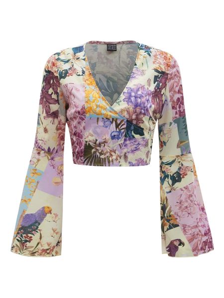 

floral print surplice neck bell sleeve n9lr#, White