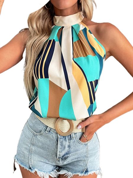 

striped & geo print tie back blouse 78fz#, White