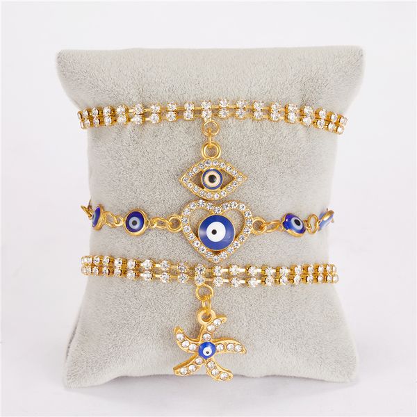 

evil eye charm bracelets palm starfish love heart blue eyes pendant double layer full diamond rhinestone tennis chain gold plated fatima ham, Golden;silver