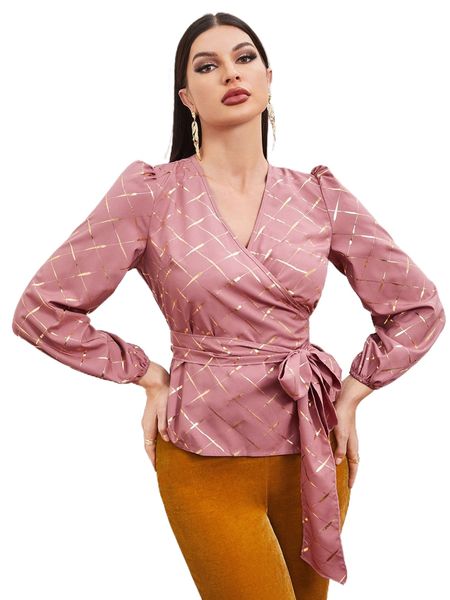 

golden dot print lantern sleeve overlap collar belted blouse p620#, White