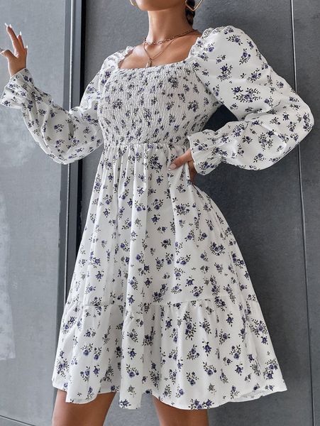 

ditsy floral shirred flounce sleeve ruffle hem dress e9vu#, Black;gray