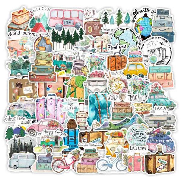 50pcs de desenho animado adesivos de viagem acessórios de skate adesivo de aquarela de vinil à prova d'água para bagagem de laptop Bicycle Motorcycle Phone Skateboard Decals