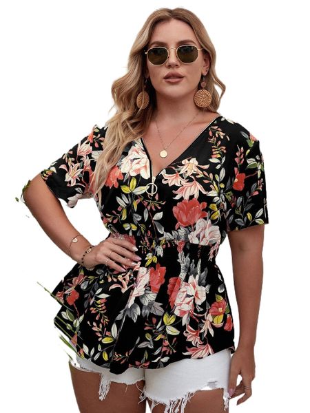 

plus zip half floral print peplum blouse 62ul#, Black