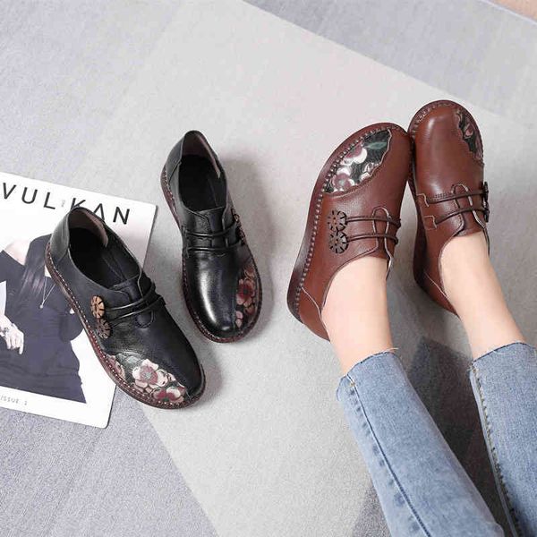 

dress shoes national style mother's shoes autumn flat bottom large ox tendon women's middle-aged and elderly soft printed round wm, Black