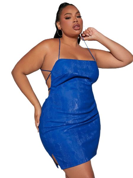 

sxy plus criss cross tie back split hem pu leather halter dress l96a#, Black