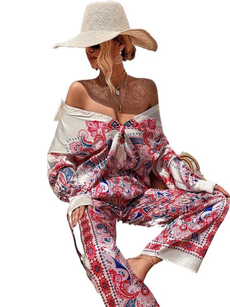 

floral & paisley print drop shoulder blouse r8cu#, White